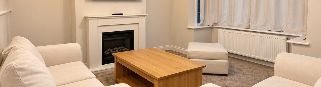 Cosy living room with cream sofas, coffee table and fireplace at Cosy Retreats